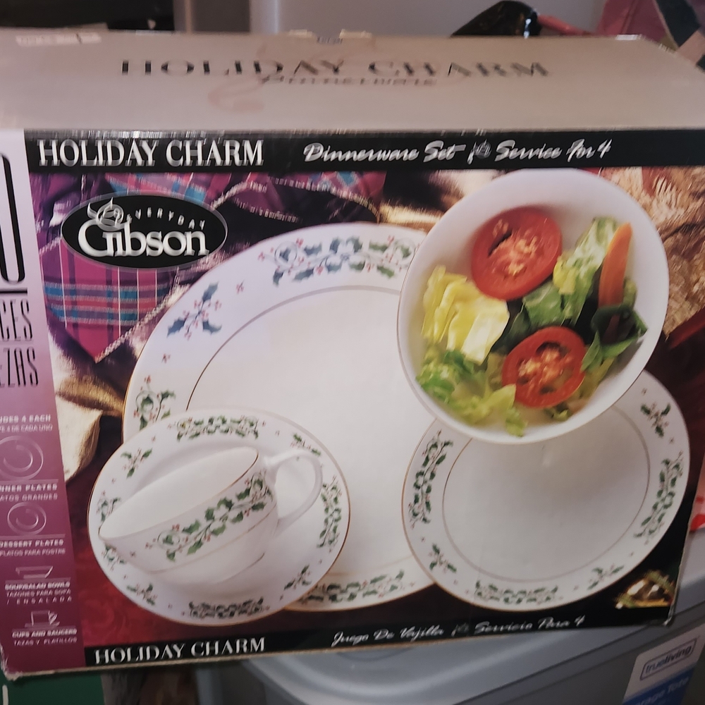 Gibson Holiday Charm Dinnerware Set with Blue and Red Accents